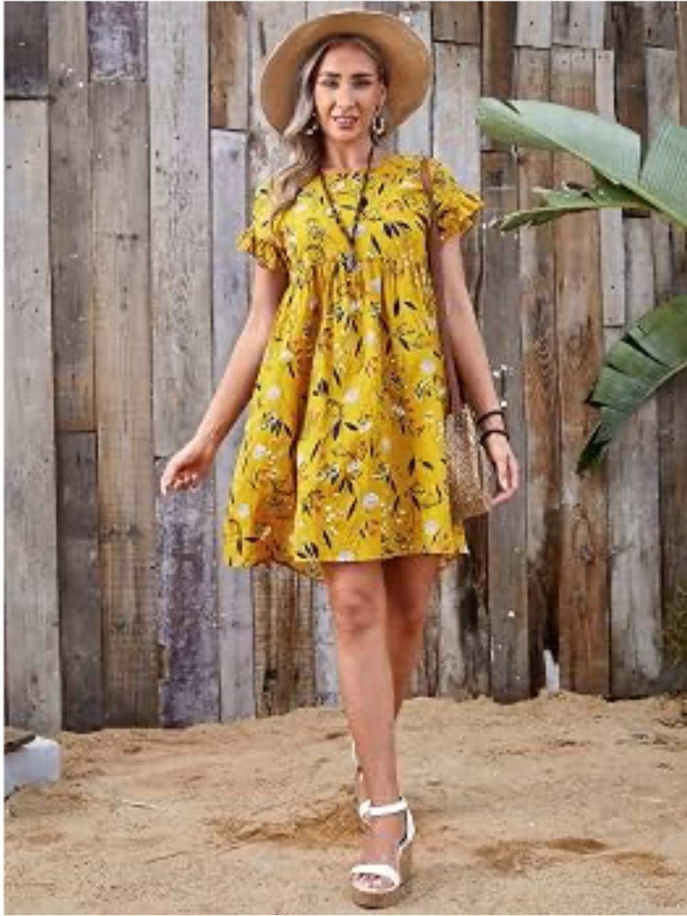 Emery Rose Yellow Floral Ruffle Short Sleeve Babydoll Dress Womens Size Medium - Picture 5 of 13